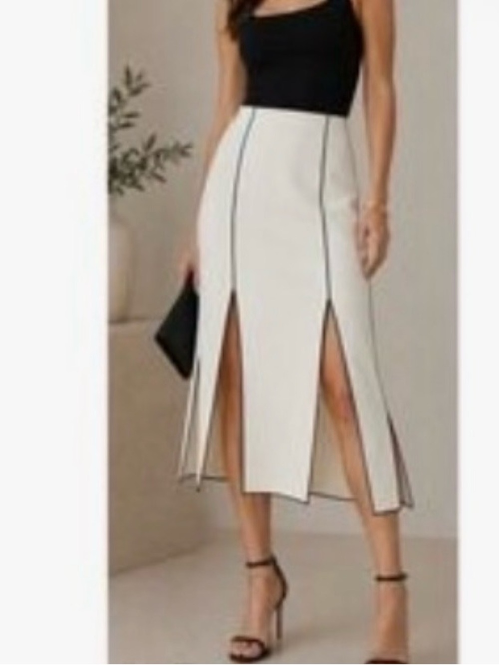 LAUREN Ralph Lauren Cream Pencil Skirt Black Piping Slits Vertical Lines 4